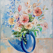 Oil painting. Hydrangea and Delphinium are July flowers. 50h70
