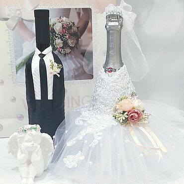 Свадебное украшение шампанского своими руками. Жених и невеста. Мастер-класс с пошаговыми фото