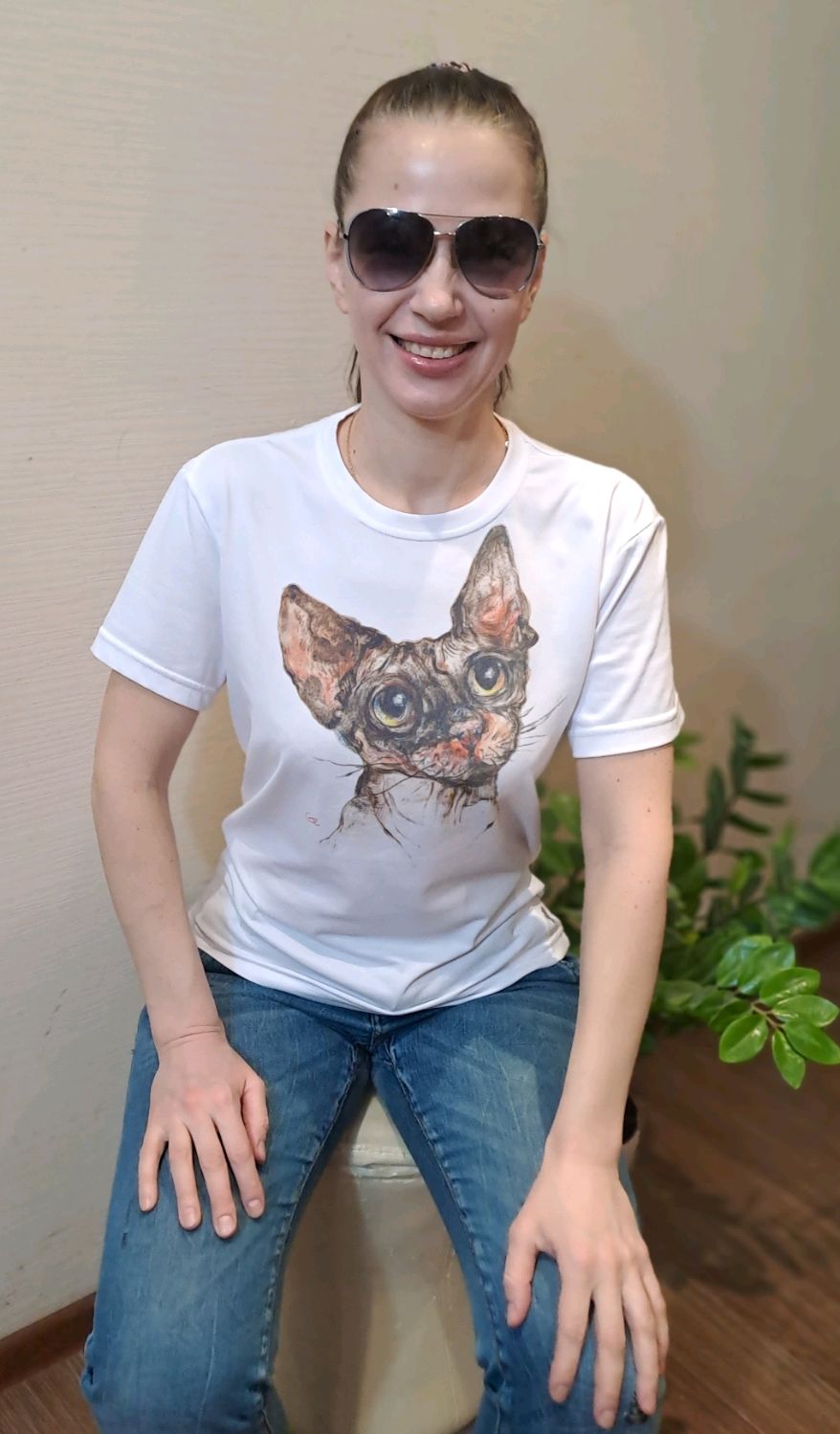 Футболка женская \"Кот\" авторский принт печать на ткани в интернет ...