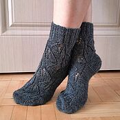 Аксессуары handmade. Livemaster - original item Gray socks with patterns woolen openwork knitted leaves autumn. Handmade.