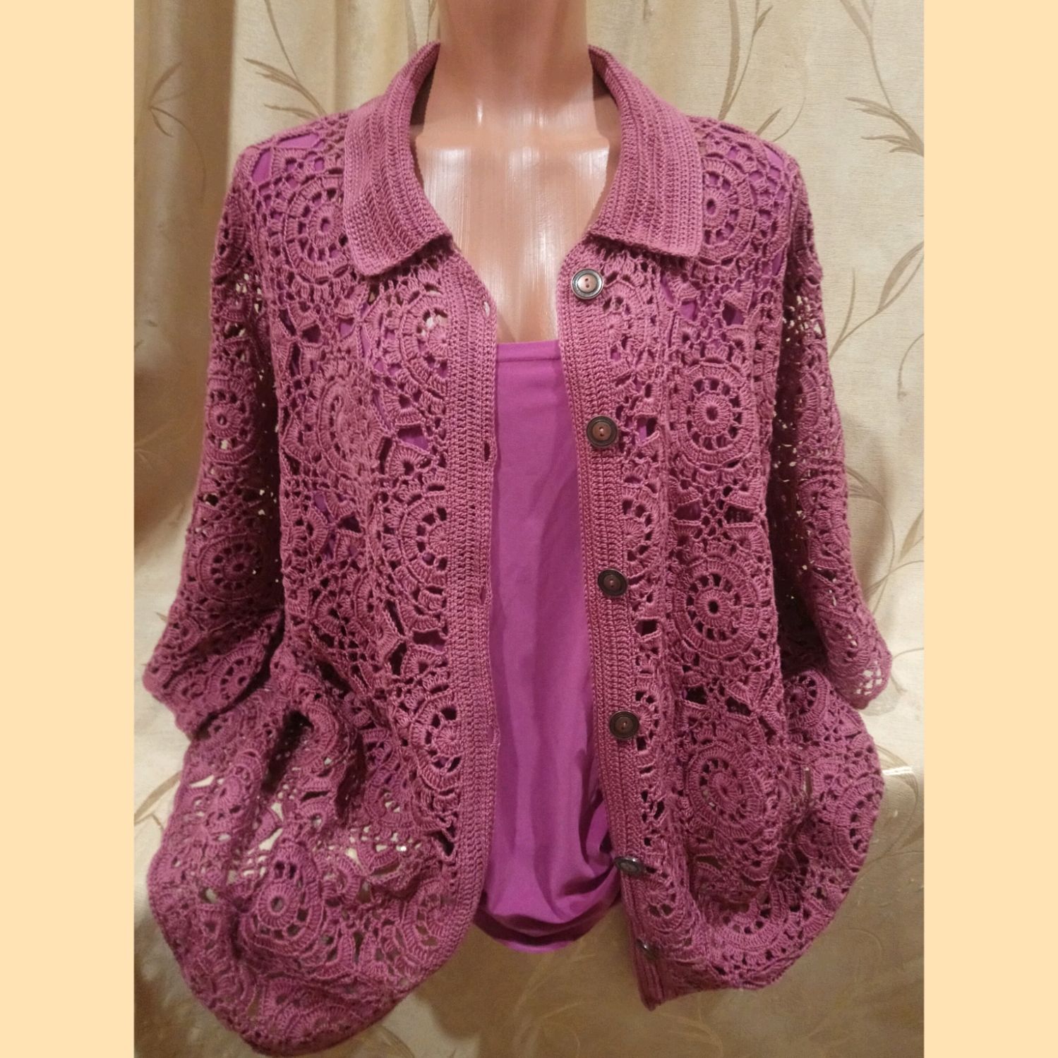 Вязаная ажурная рубашка,кружевная блузка крючком,блузон цветочный узор ...