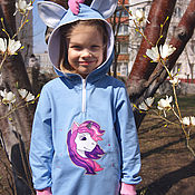 Одежда детская handmade. Livemaster - original item Children`s hoodie with ears on the hood Unicorn, blue hoodie Pony. Handmade.