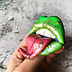Brooch ' Lips bright, green, with tongue, with piercing, space'. Brooches. greenfox-23. My Livemaster. Фото №5