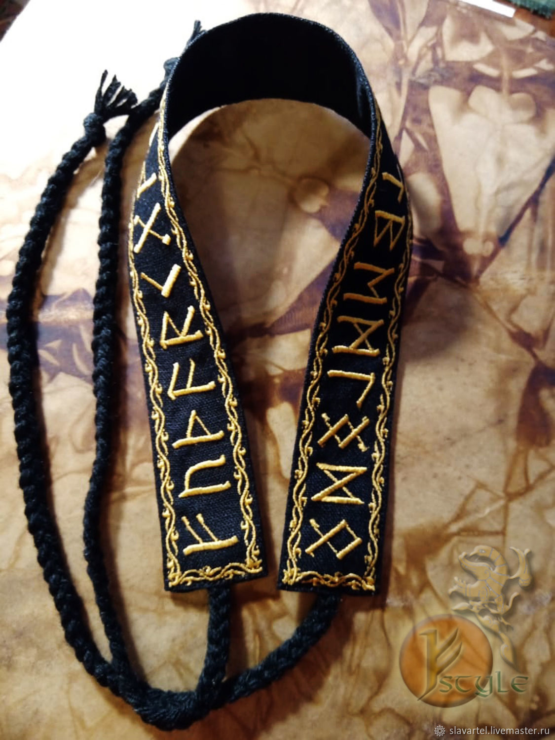 runes: Black linen embroidered eyeglass 'Golden Senior Futhark', Runes, Lermontov,  Фото №1