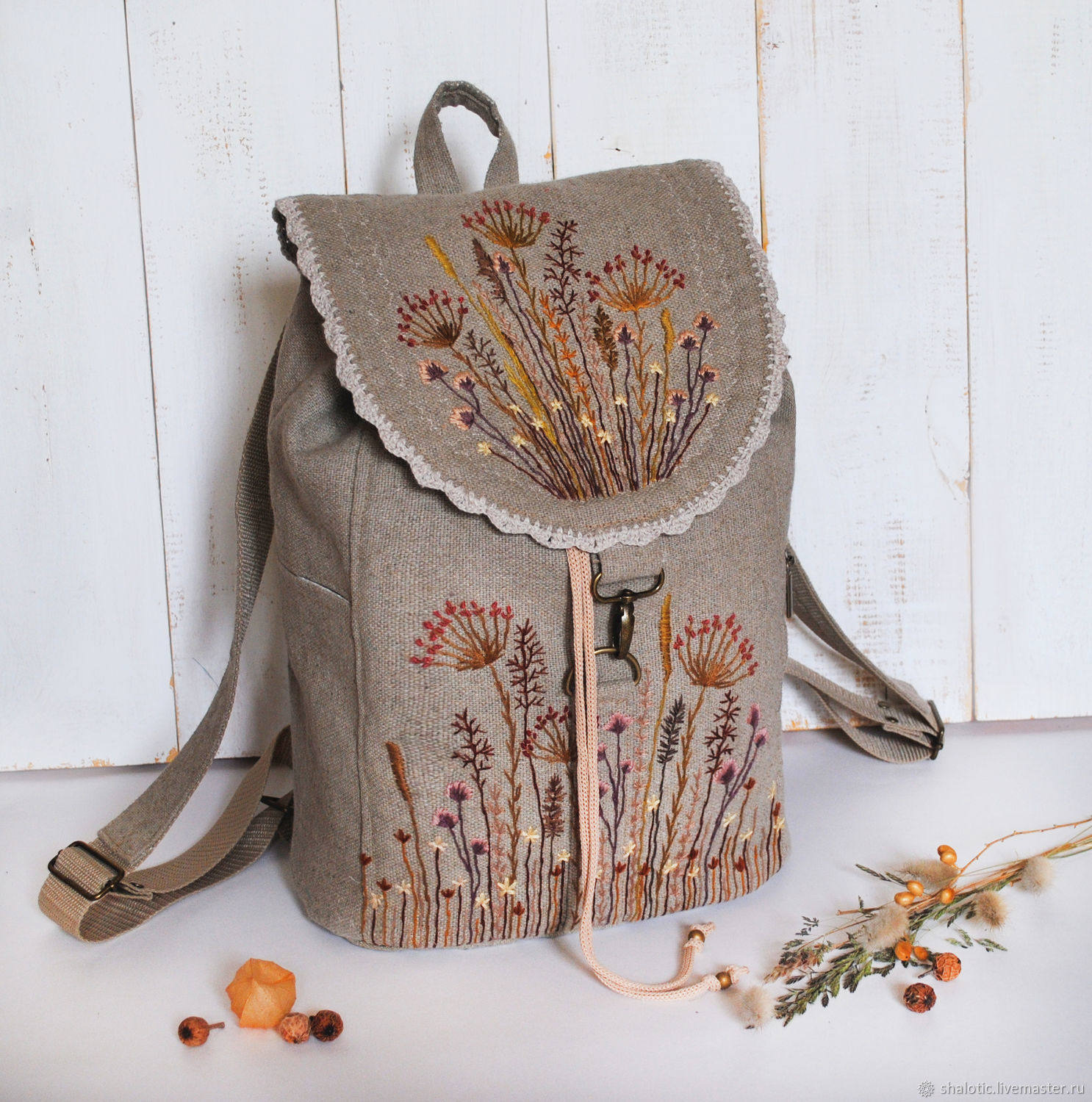 Backpack eco-style linen. Backpack with handmade embroidery. Stylish backpack as a gift. Bags and backpacks handmade, author Julia Linen tale
