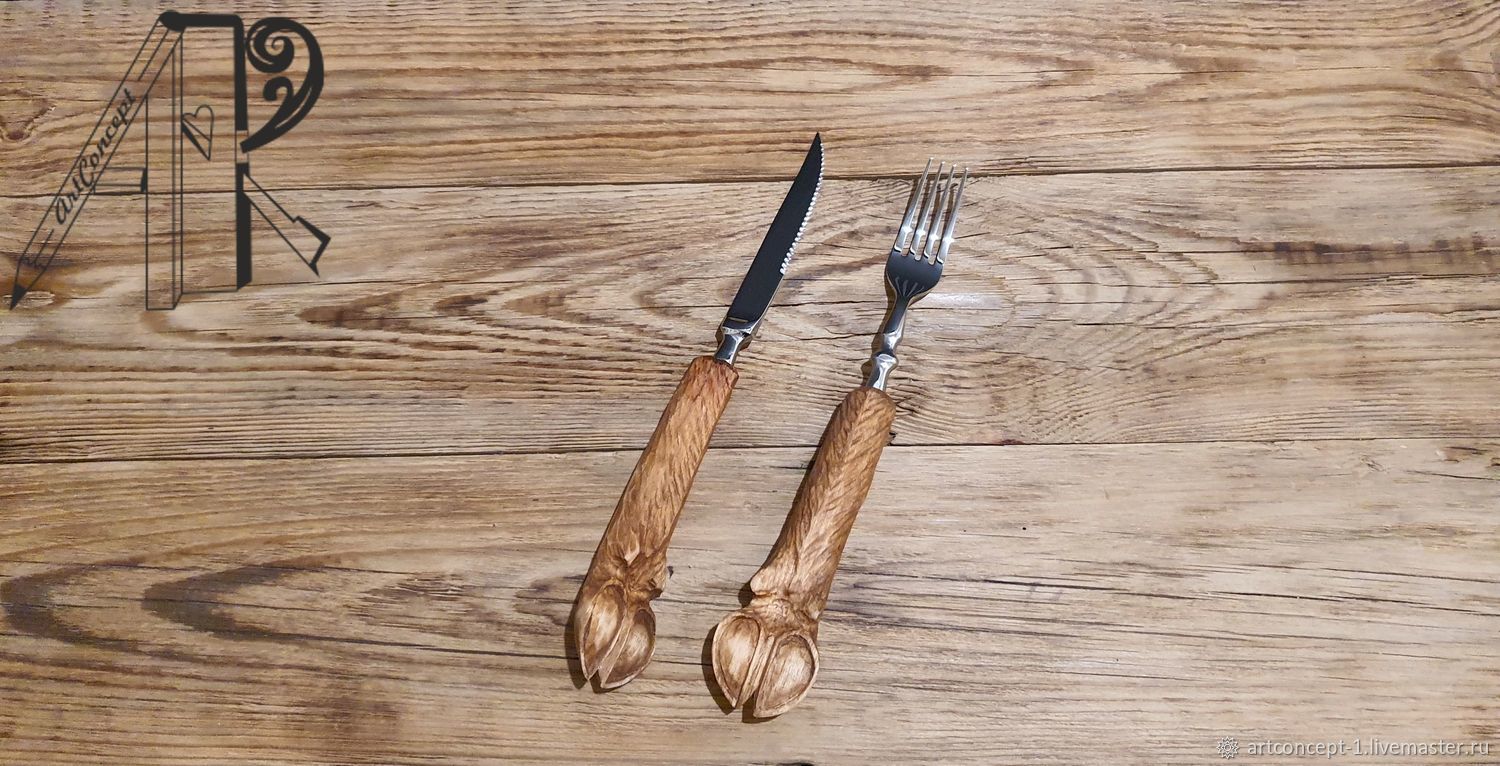 Fork and Knife for Meat and Steak with Carved Wooden Handle Hoof, Utensils, Ryazan,  Фото №1