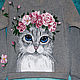 Sweatshirt sweatshirt for girl Cat with flowers hand painted, Sweater Jackets, St. Petersburg,  Фото №1