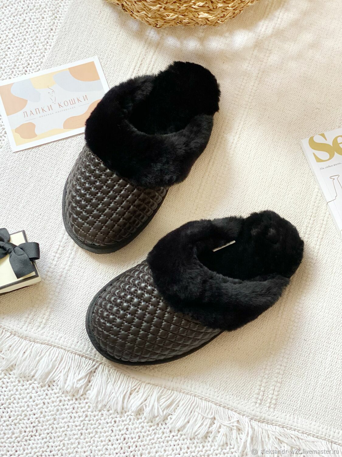 Меховые тапочки черные закрытые со стеганым шоколадным верхом купить в ...