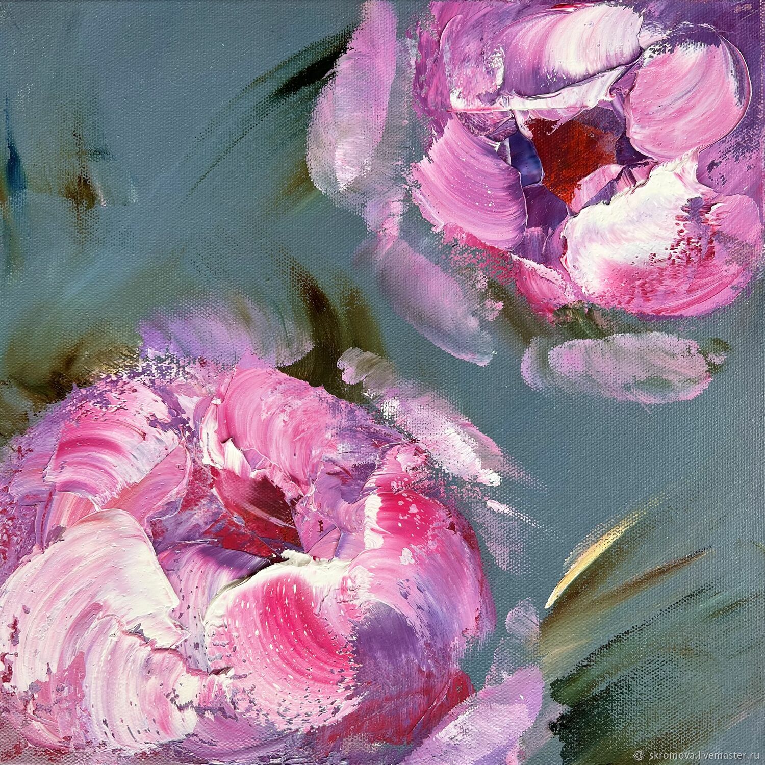 Pink square painting with a peony. Peonies on a dark background with oil, Pictures, Moscow,  Фото №1