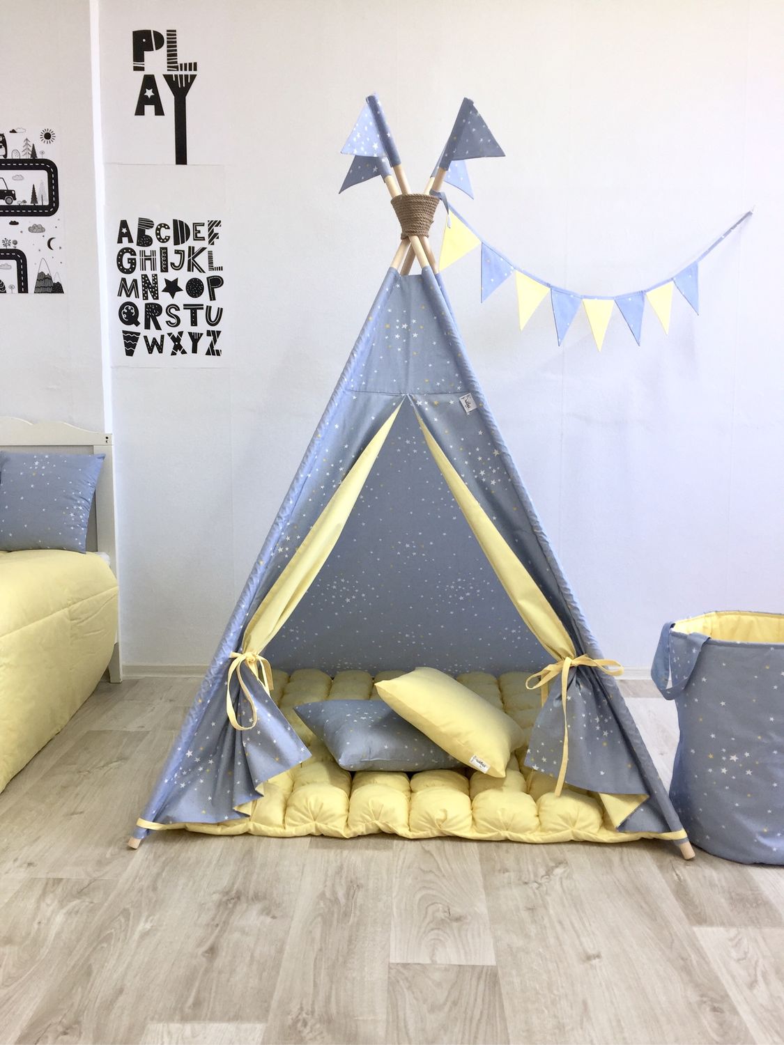 Game tent Teepee with bombon mat 'Constellation', blue, Nursery wigwam, Ulyanovsk,  Фото №1