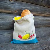 Linen bag for new year's champagne,tangerines,candy. Painting