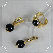 Украшения handmade. Livemaster - original item Jewelry set with black agate under gold (ring earrings). Handmade.