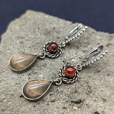 Серьги с солнечным камнем и янтарем. . Украшения ручной работы - Ярмарка Мастеров Украшения ручной работы. Ярмарка Мастеров - ручная работа Серьги с солнечным камнем и янтарем. Handmade.
