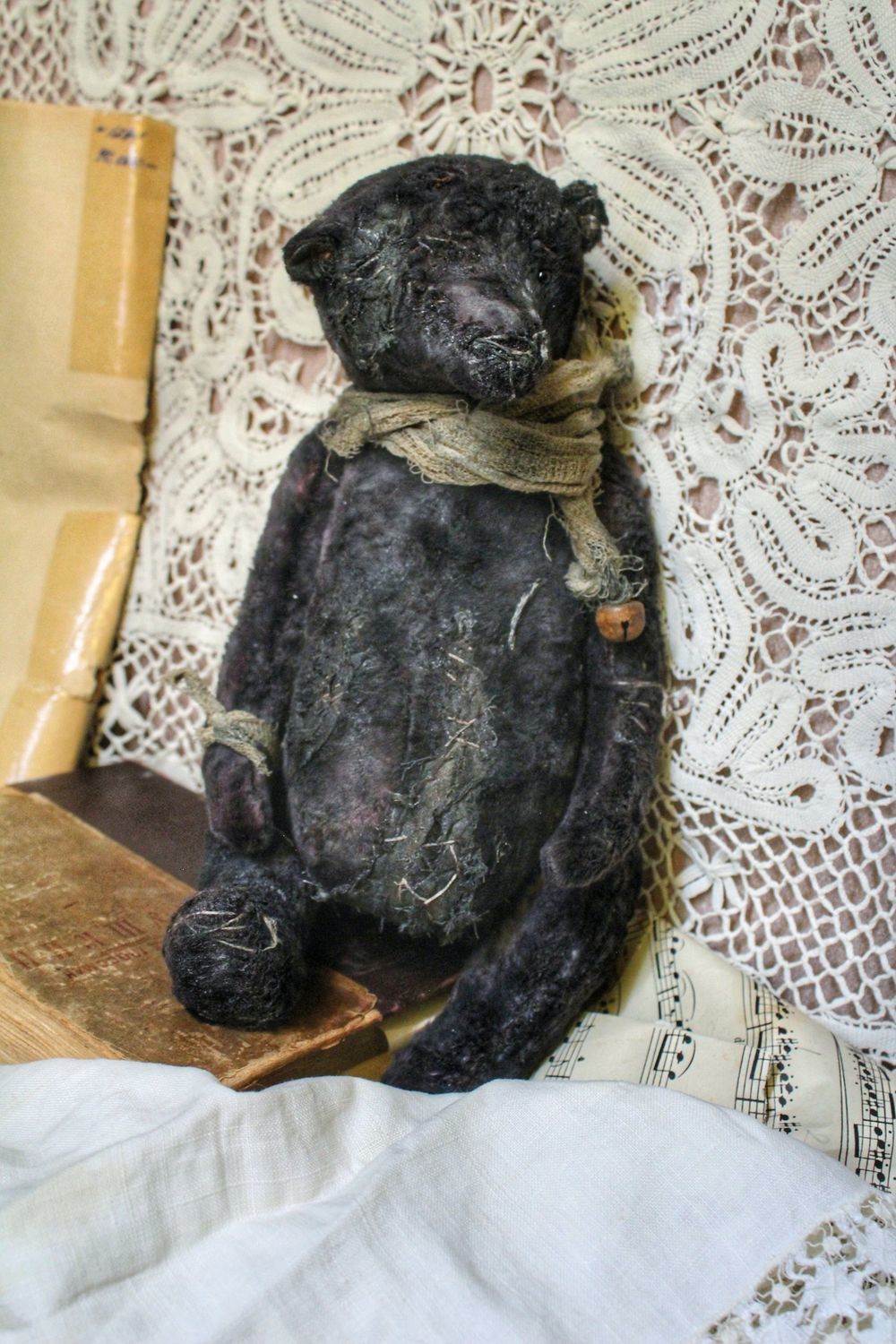 Старый винтажный мишка чёрный старинный плюшевый тедди teddy old