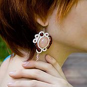 Украшения ручной работы. Ярмарка Мастеров - ручная работа Soutache earrings Soft flame with rose quartz white red. Handmade.