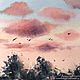 Dawn. Watercolor painting (blue, pink, coral, forest, sky), Pictures, Ekaterinburg,  Фото №1