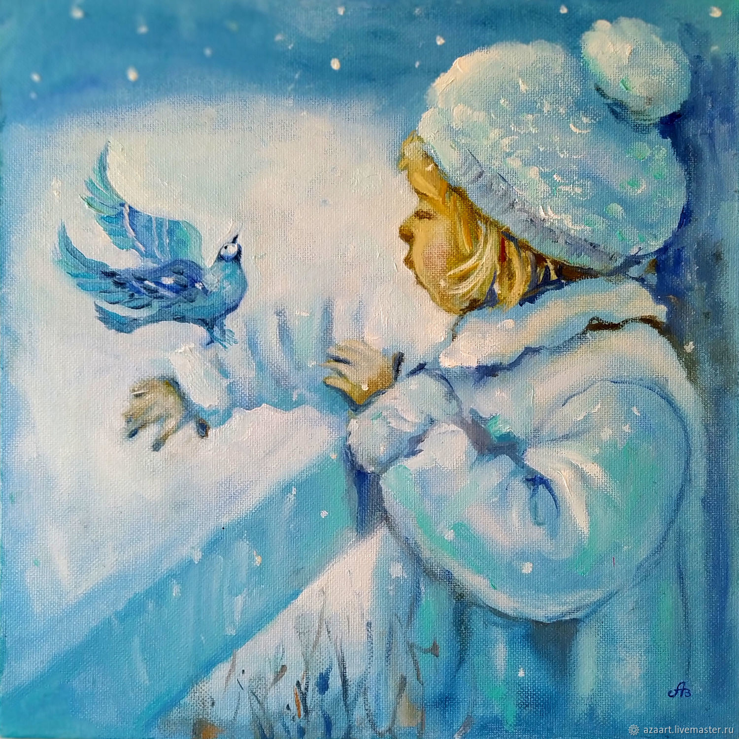 Иллюстрации картины женщина с птицей синей зимние