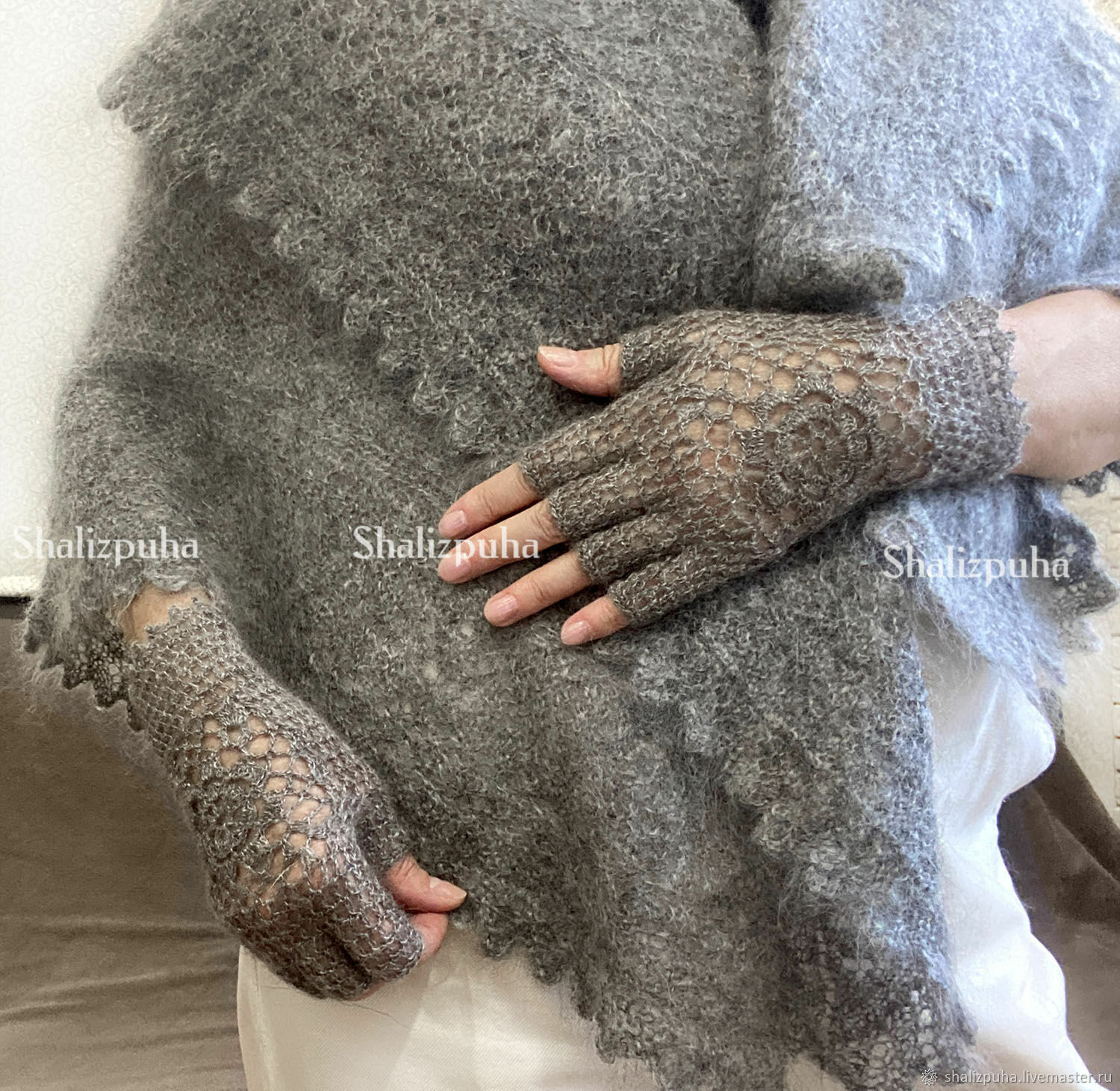 Mittens: handmade down gloves, gray, white, 193, Mitts, Orenburg,  Фото №1