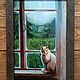 Небольшая картина маслом: Белый кот на деревянном окне. Дом в деревне. Картины. Великая Юлия. Интернет-магазин Ярмарка Мастеров.  Фото №2