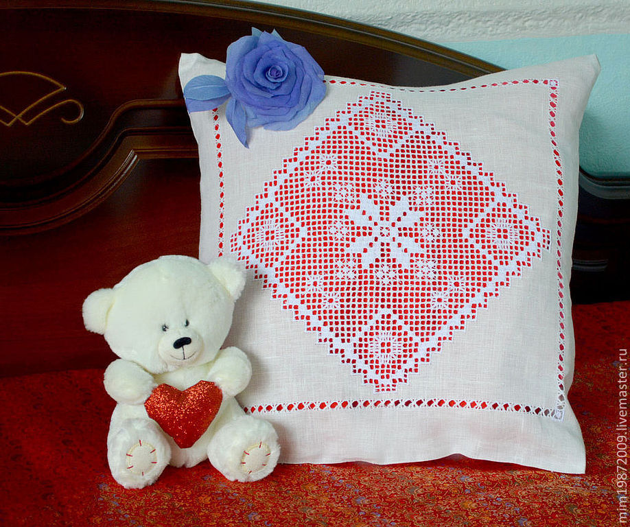 decorative pillowcase with embroidery, white embroidery, strojeva embroidery, decorative pillow, embroidered white on white pillow on sofa, linen pillow case, Slavic style, Eco house
