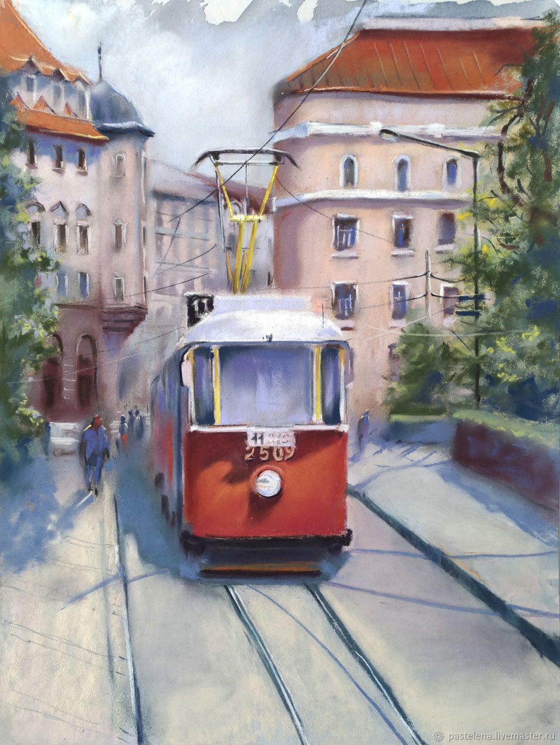 Городской пейзаж с трамваем (терракот беж серый картина пастель), Картины, Южноуральск,  Фото №1