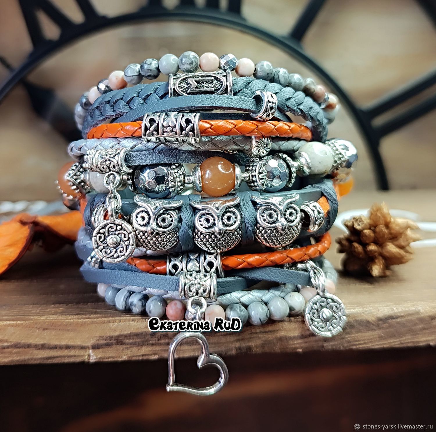 BOHO style wide leather bracelet with jasper 'Trio of Owls', Bead bracelet, Moscow,  Фото №1