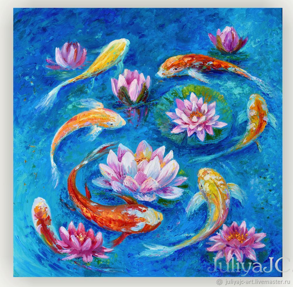 Картина маслом Рыбы кои в пруду и водные лилии в интернет-магазине на ...