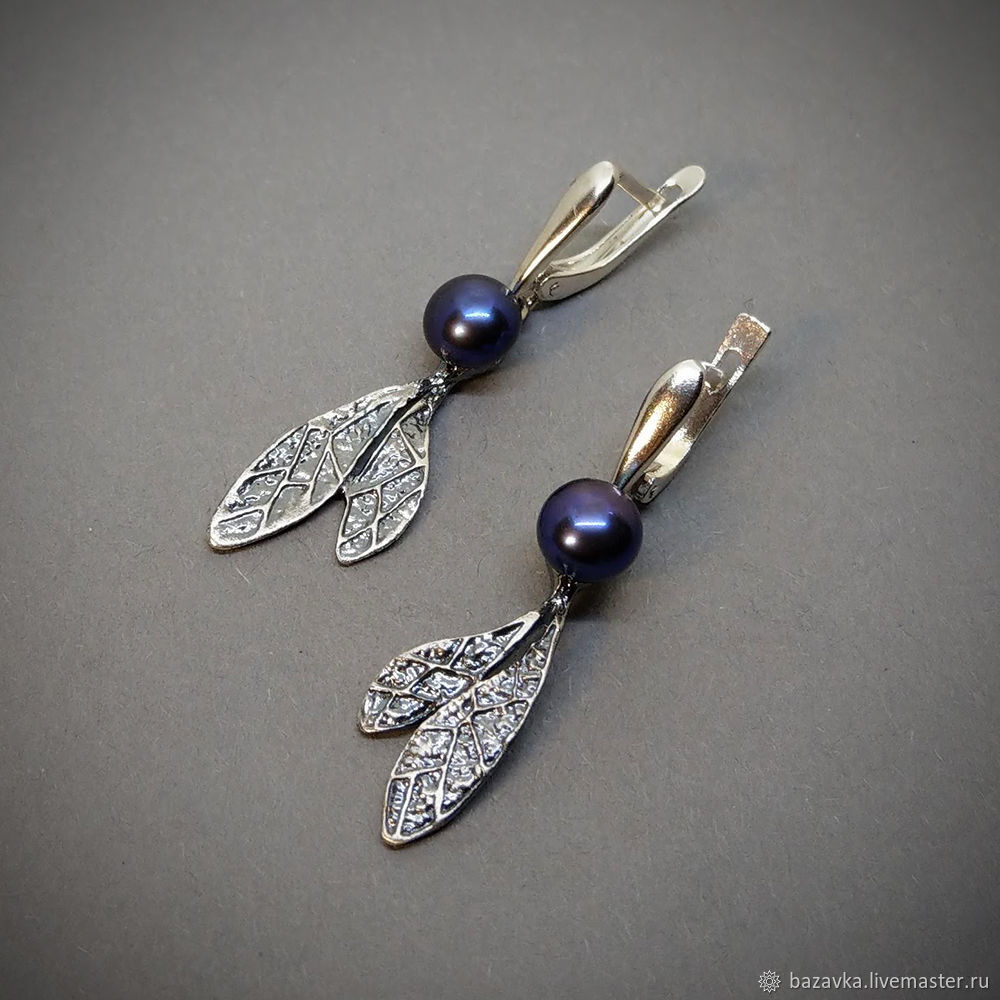 Серебряные серьги черным жемчугом Стрекозы – заказать на Ярмарке ...