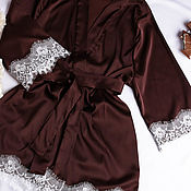 Пижамы: Пижама женская с брюками из шелка Армани: Латте + Шоколад