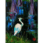 Картины и панно handmade. Livemaster - original item Mini painting Heron bird miniature oil painting with birds. Handmade.