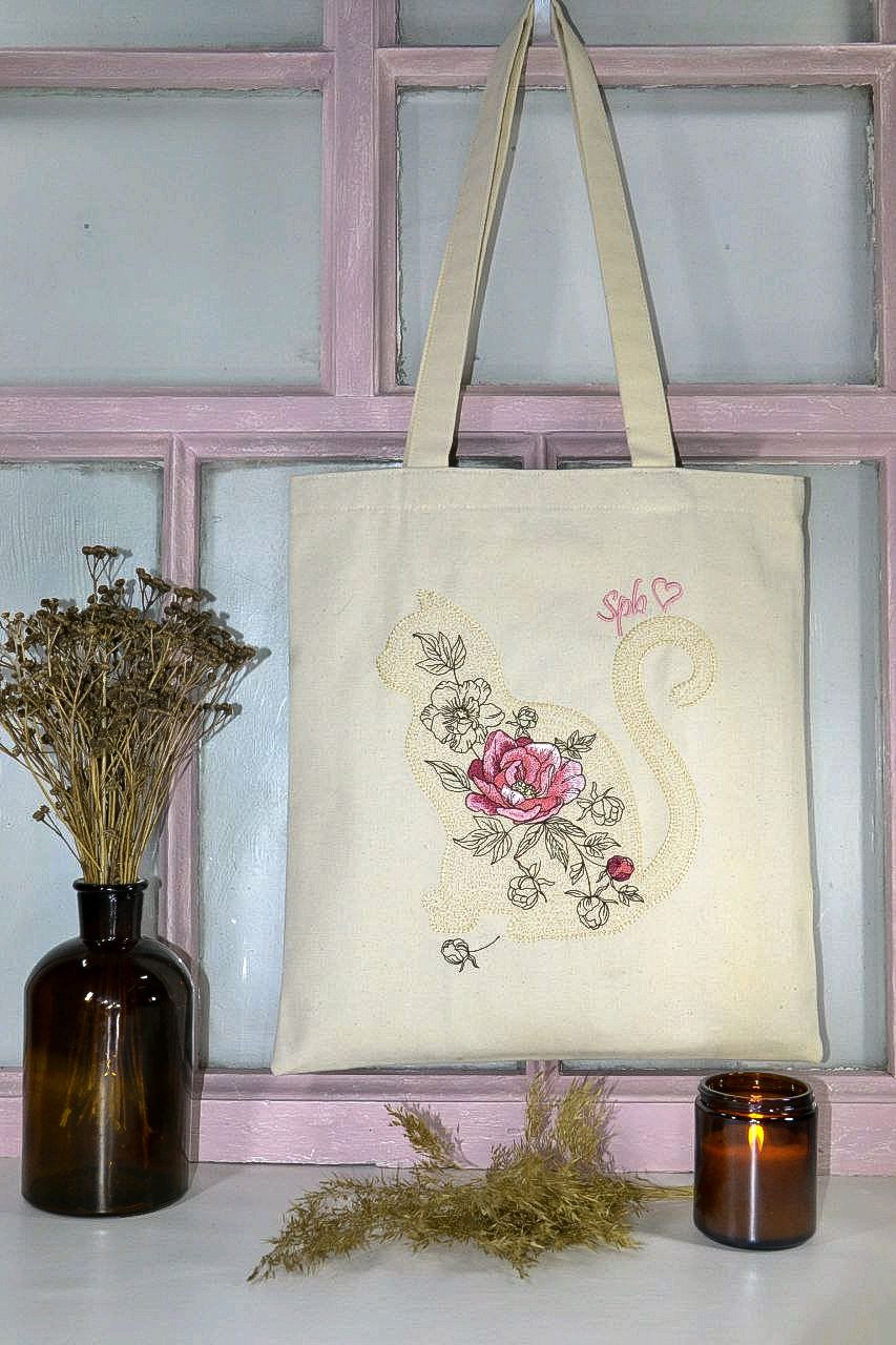 Сумка-шоппер с вышивкой "Кошка в пионах" в интернет-магазине Ярмарка ...