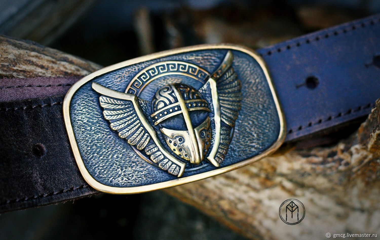 Leather belt with a bronze buckle ' Winged helmet of Odin', Straps, Tolyatti,  Фото №1