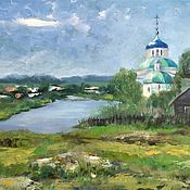 Картины и панно handmade. Livemaster - original item Landscape Summer in the village Painting Church by the river. Handmade.