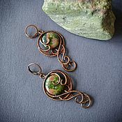 Украшения handmade. Livemaster - original item Copper earrings with unakit wire wrap. Handmade.