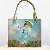 Claud Monet. Leather green white light blue bag 'The walk"