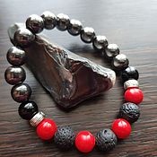 Украшения handmade. Livemaster - original item Men`s strength bracelet, made of natural lava, agate, coral, hematite. Handmade.