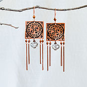 Украшения handmade. Livemaster - original item Copper long earrings with crystals Square boho earrings with chains. Handmade.