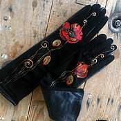 Аксессуары handmade. Livemaster - original item Long boho style natural black leather gloves with painted flower motif. Handmade.