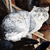 Картины и панно handmade. Livemaster - original item Fluffy grey cat on charred logs. Handmade.