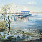 Oil painting. Winter of the old steamer