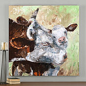 Картины и панно handmade. Livemaster - original item Painting with cows, painting in the living room, mom and baby. Handmade.