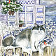 Снежная зима, акварель с белым котом снегири, Картины, Подольск,  Фото №1