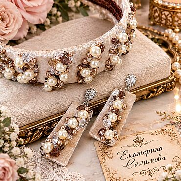 Комплект вечерних украшений ободок и серьги «Ivory & Champagne».. . Украшения ручной работы - Ярмарка Мастеров Украшения ручной работы. Ярмарка Мастеров - ручная работа Комплект вечерних украшений ободок и серьги «Ivory & Champagne».. Handmade.