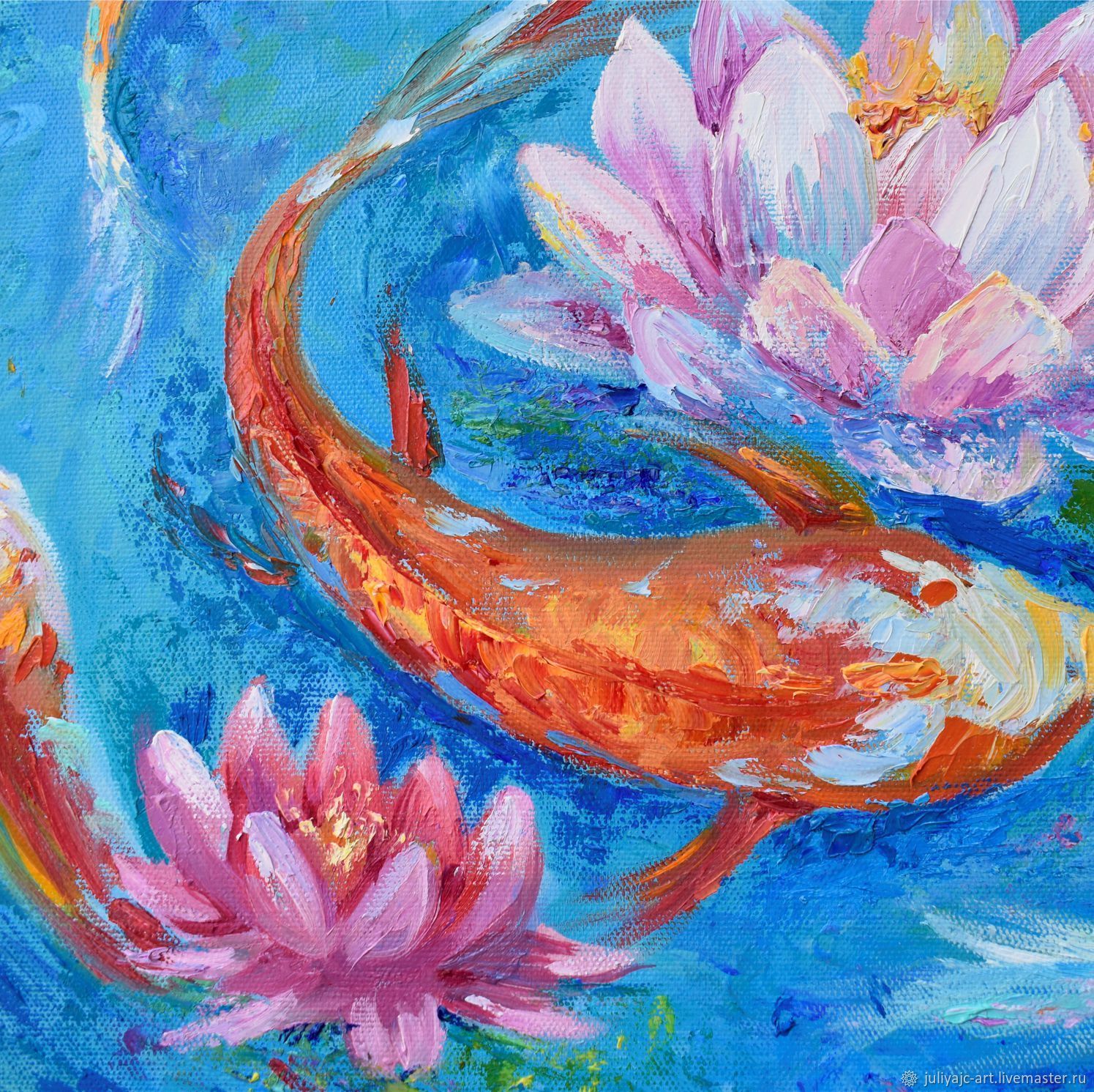 Картина маслом Рыбы кои в пруду и водные лилии – купить онлайн на ...