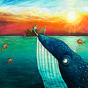 Картины и панно handmade. Livemaster - original item The painting on wood 75x75sm "Whale". Handmade.