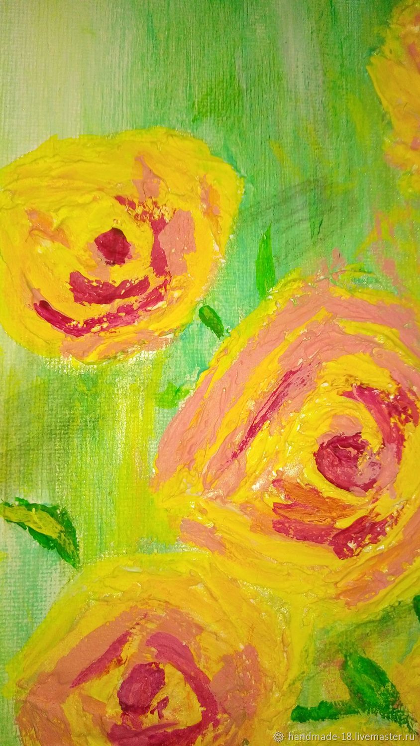 Картины: Желтые розы в вазе акрилом на зеленом фоне – купить онлайн на ...