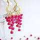 Chandelier earrings with natural stones, gold, fuchsia, Earrings, Krasnogorsk,  Фото №1
