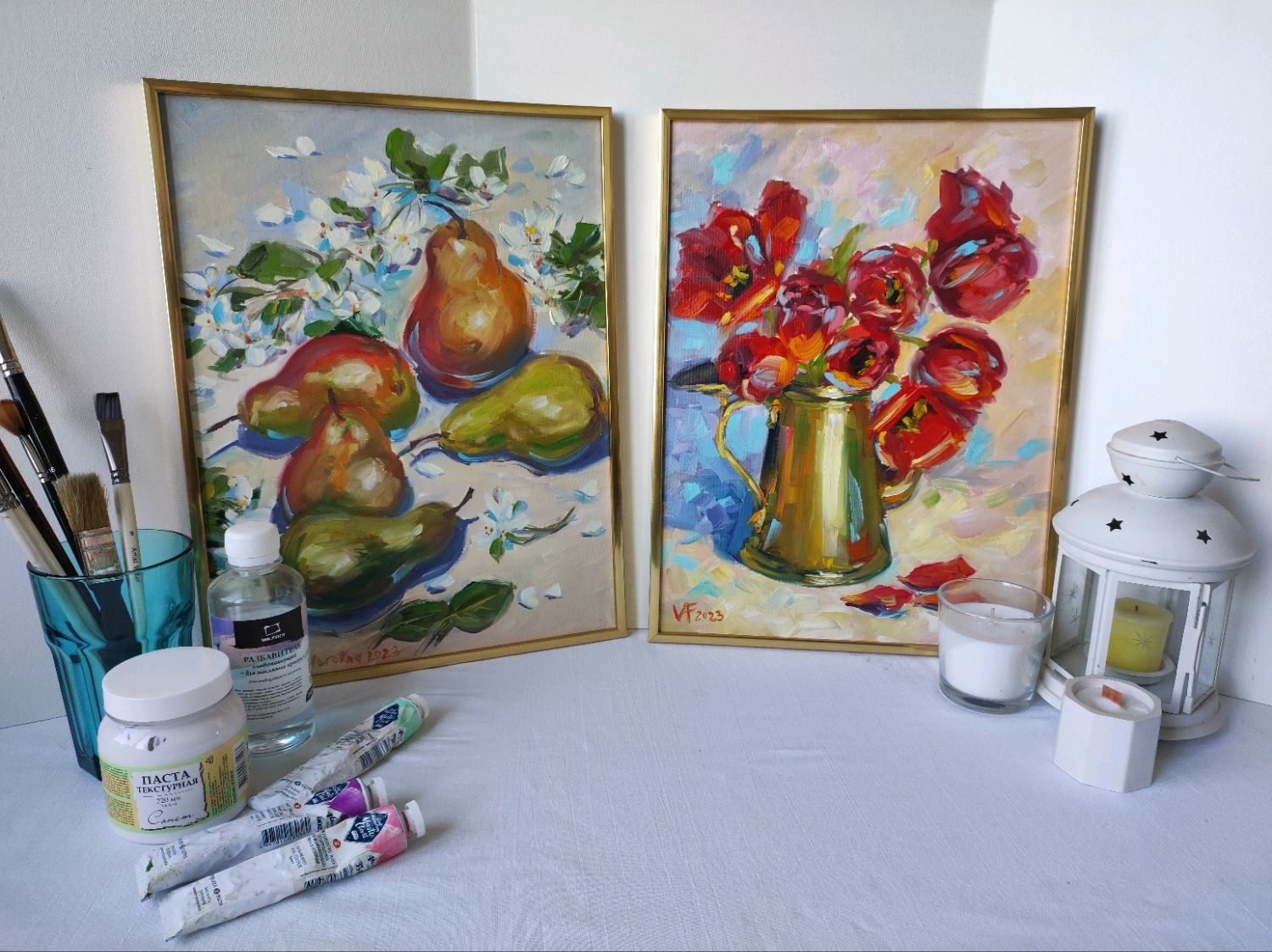 Картина масляными красками, холст на картоне, красные тюльпаны в ...