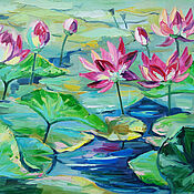 Картины и панно ручной работы. Ярмарка Мастеров - ручная работа Pintura Al óleo Pink Lotus. Handmade.