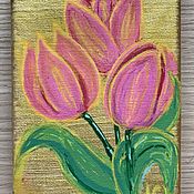 Картины и панно handmade. Livemaster - original item Painting tulips on a golden canvas on a stretcher 